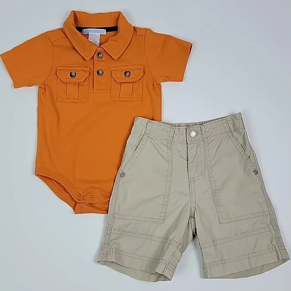 Janie and Jack Tea Collection Romper Shorts Orange Khaki Blue Bundle 6-12 Months